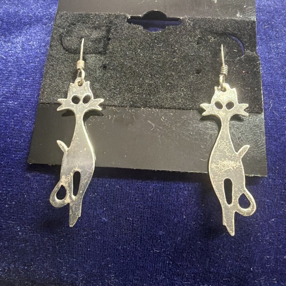 Vintage Sterling Silver Modernist Cat Dangle Earrings 925 Silver 2.3g